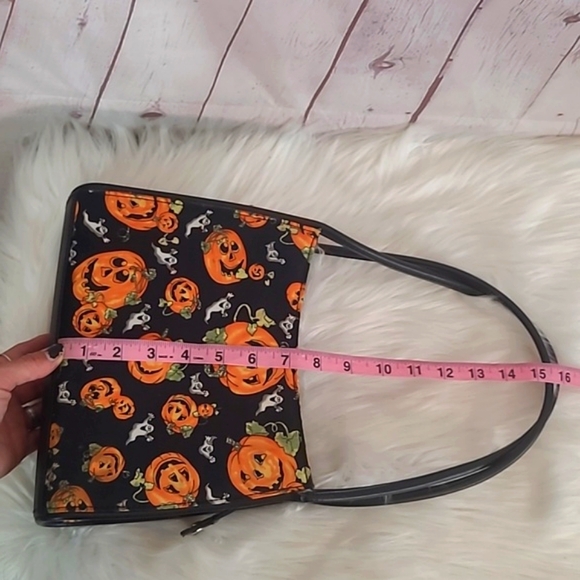 Pumpkin & Ghost Mini Halloween Print Zip Square Shoulder Bag Purse Tote 10" - Picture 14 of 17